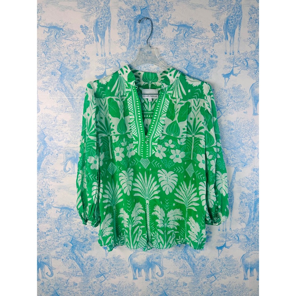 Gilner Farrar Green Tropical Floral Boho Blouse Resort Vacation Top | Palm Beach